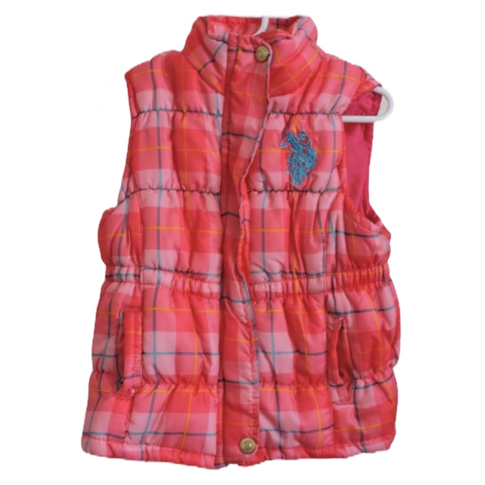 US Polo Assn Puffer Vest Pink Plaid Big Logo 4T